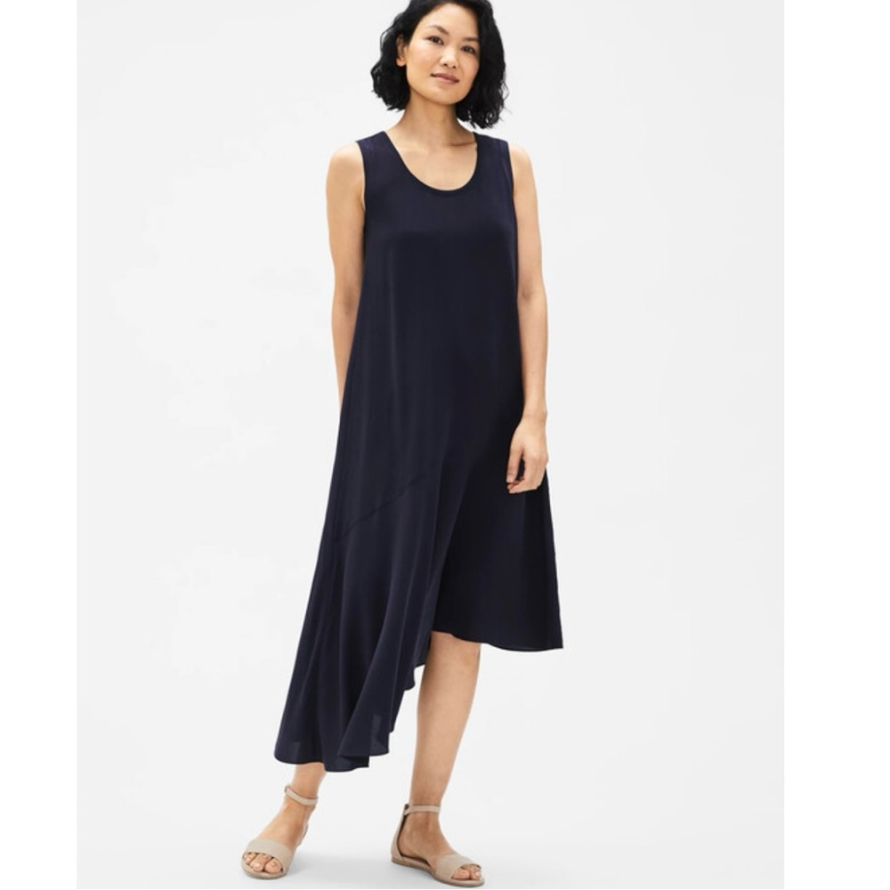 Eileen Fisher Petite Silk Georgette Navy Blue Asymmetric Sleeveless Dress